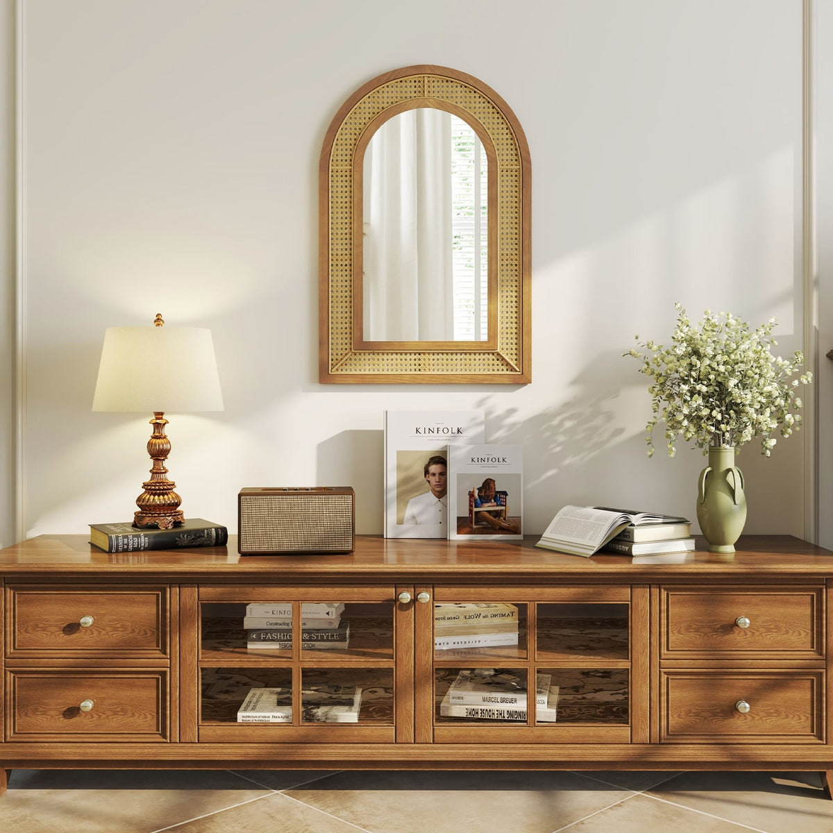Miroir mural décoratif en rotin avec cadre en bois