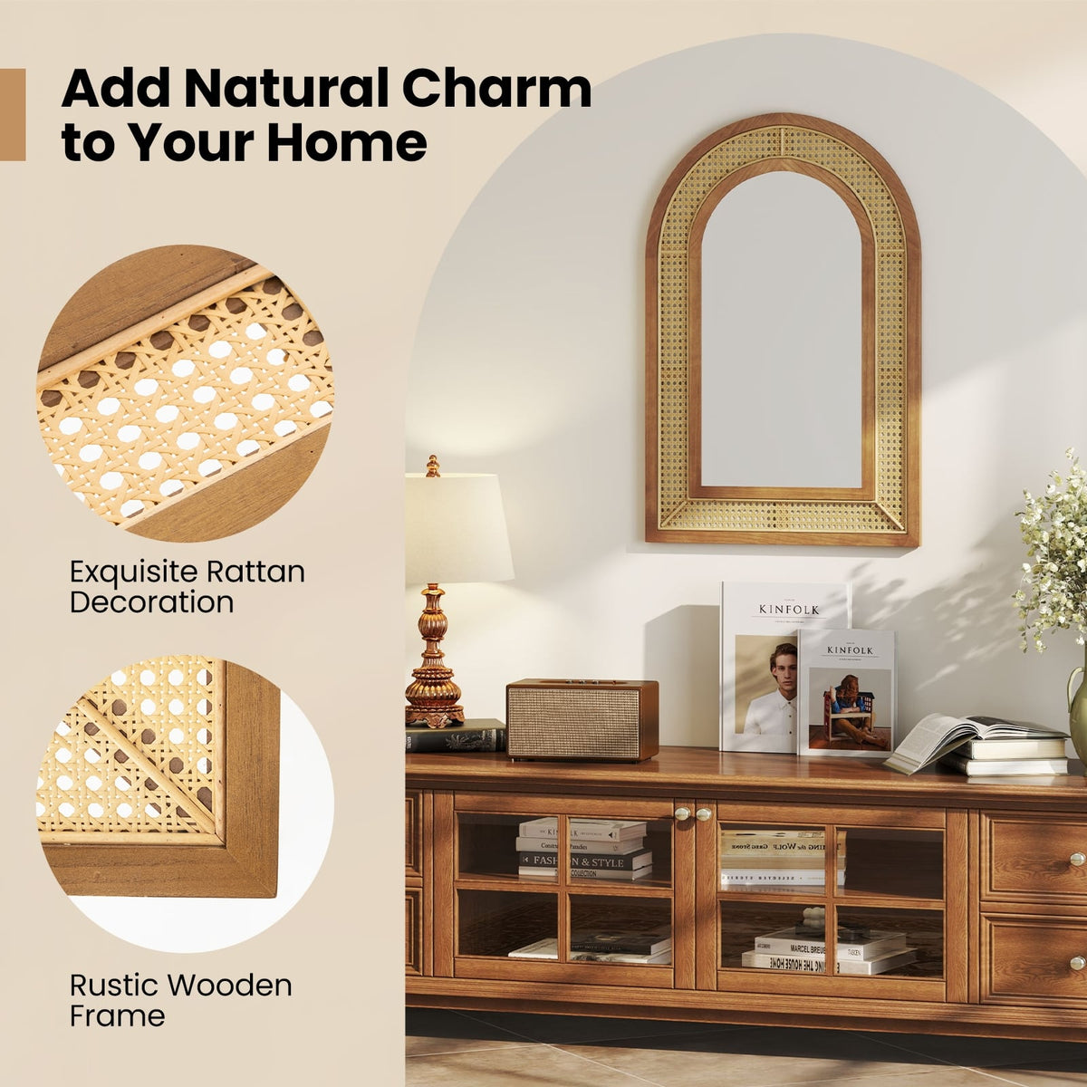 Miroir mural décoratif en rotin avec cadre en bois