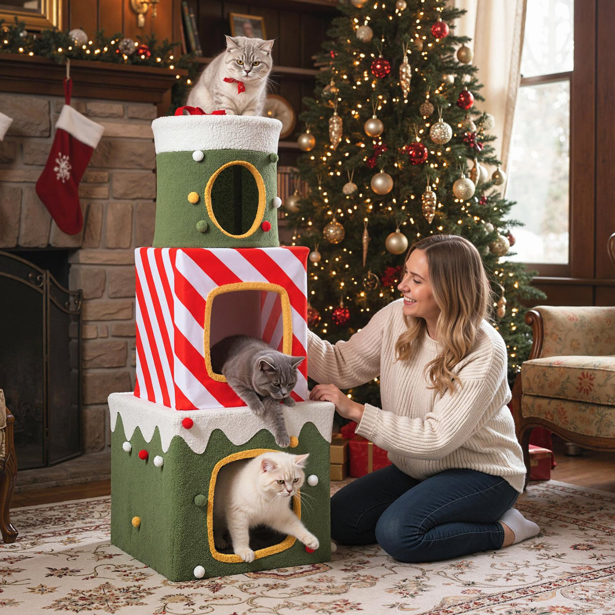 Arbre à chat de Noël 120 cm à paliers multiples