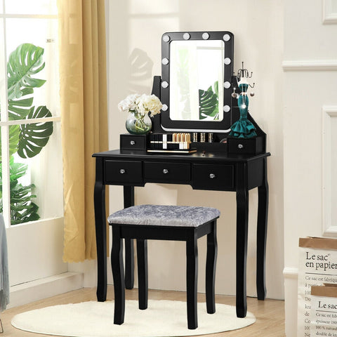Coiffeuse 5 tiroirs avec miroir pivotant à 10 ampoules et tabouret