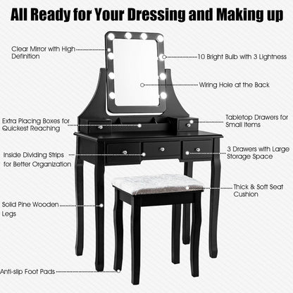Coiffeuse 5 tiroirs avec miroir pivotant à 10 ampoules et tabouret