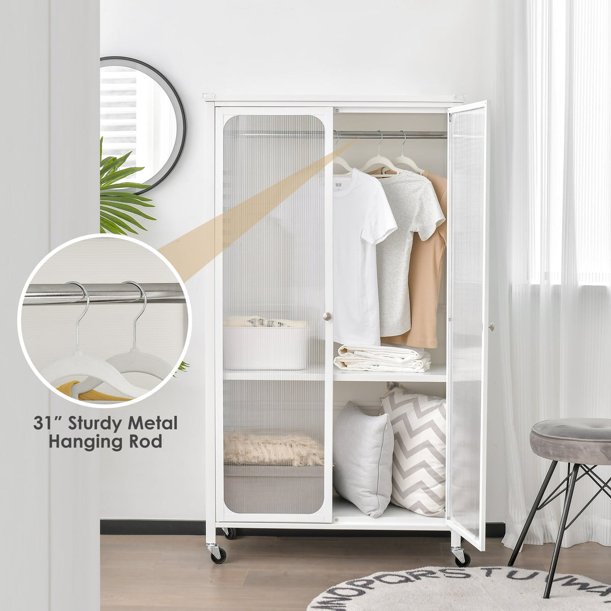 Armoire de rangement sur roulettes avec tringle et étagère