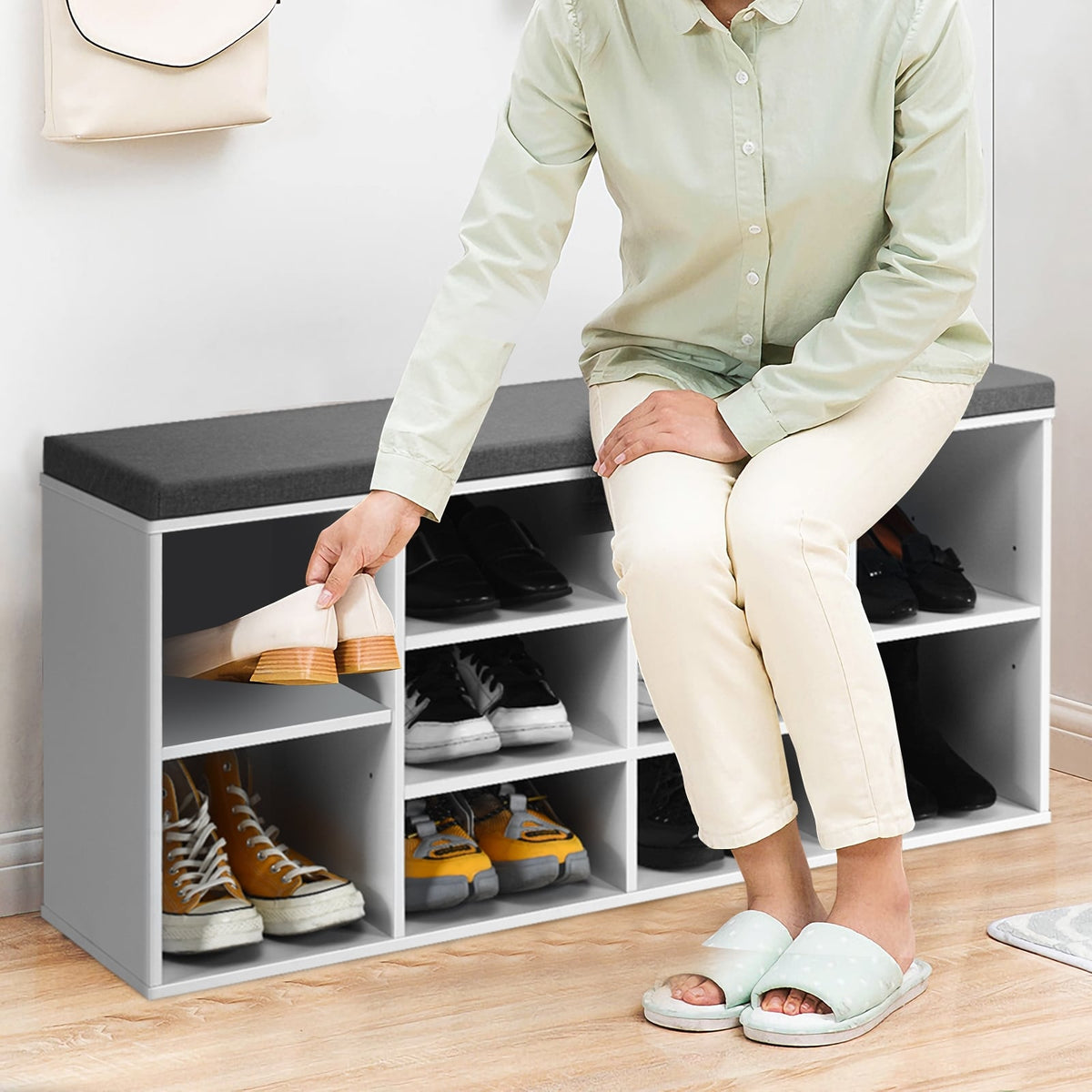 BANC DE RANGEMENT POUR CHAUSSURES 10 CUBES AVEC COUSSIN