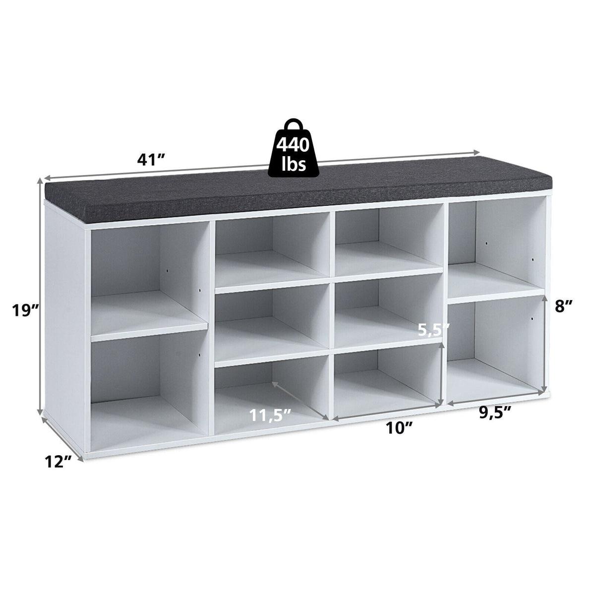BANC DE RANGEMENT POUR CHAUSSURES 10 CUBES AVEC COUSSIN
