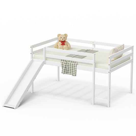 Lit mezzanine bas robuste pour enfant avec glissade en bois