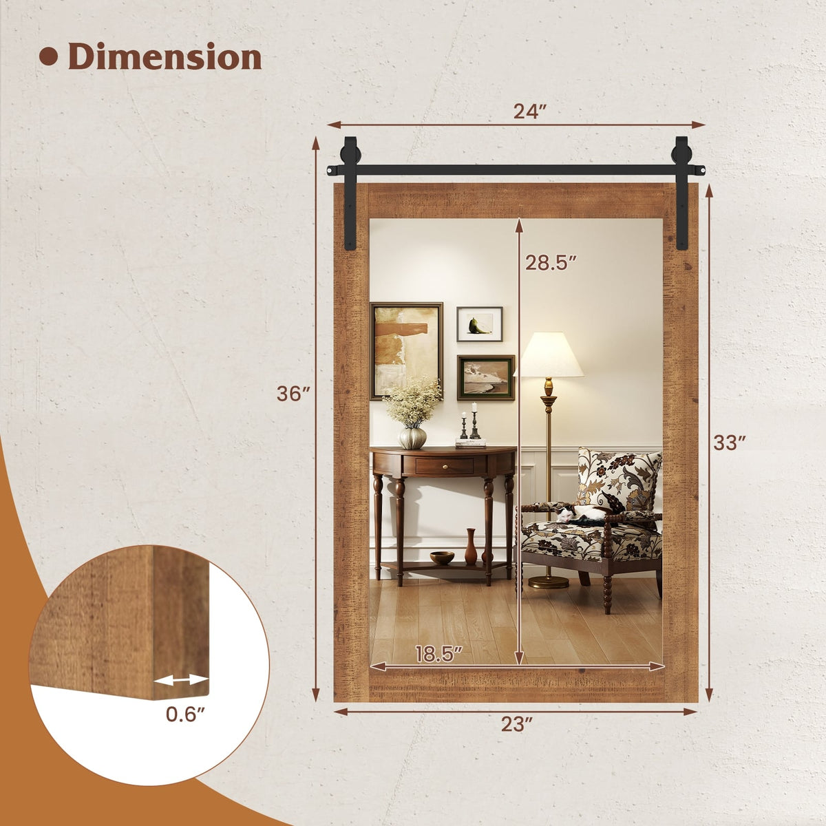 Miroir mural style porte de grange en bois rustique