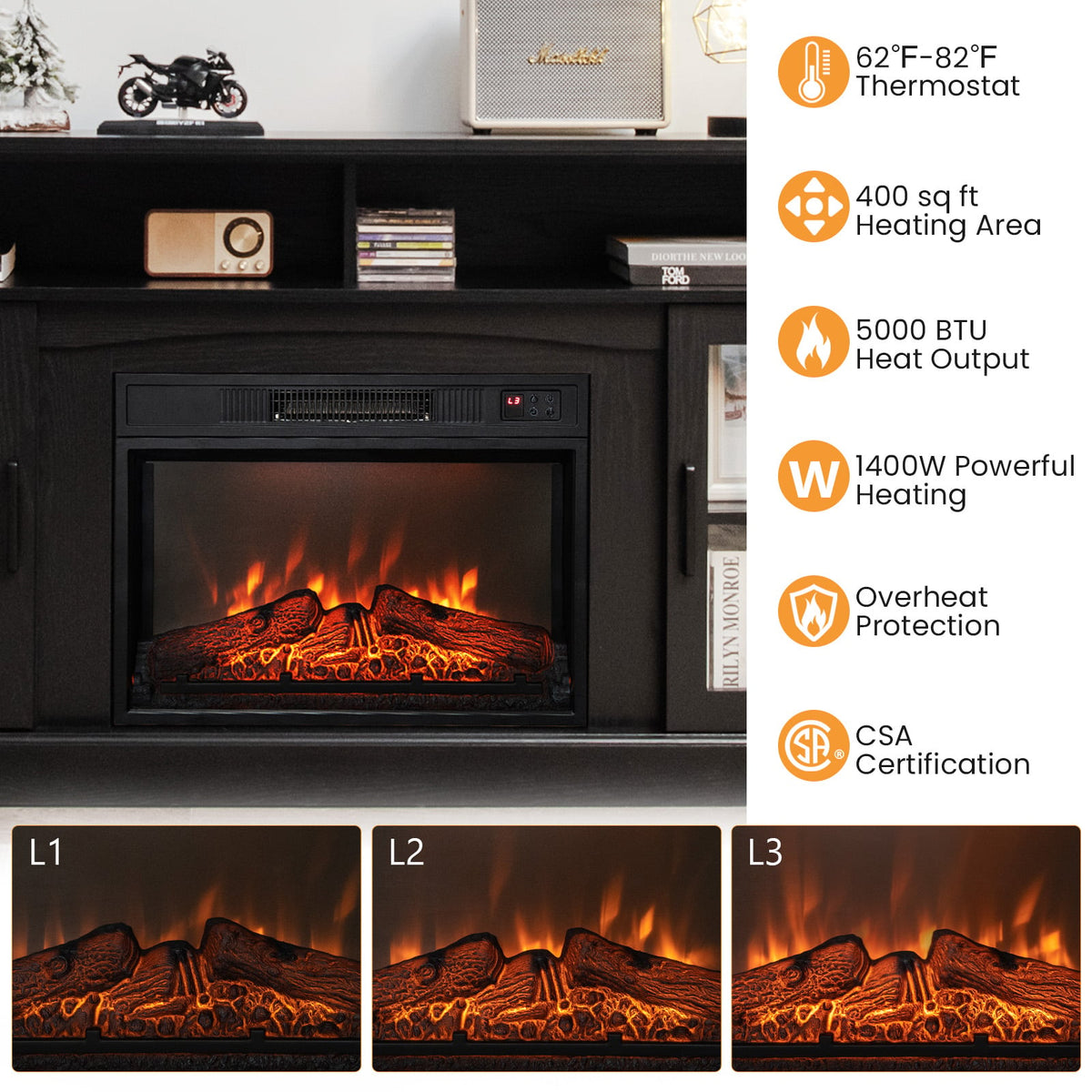 Meuble TV avec foyer électrique de 1400 W