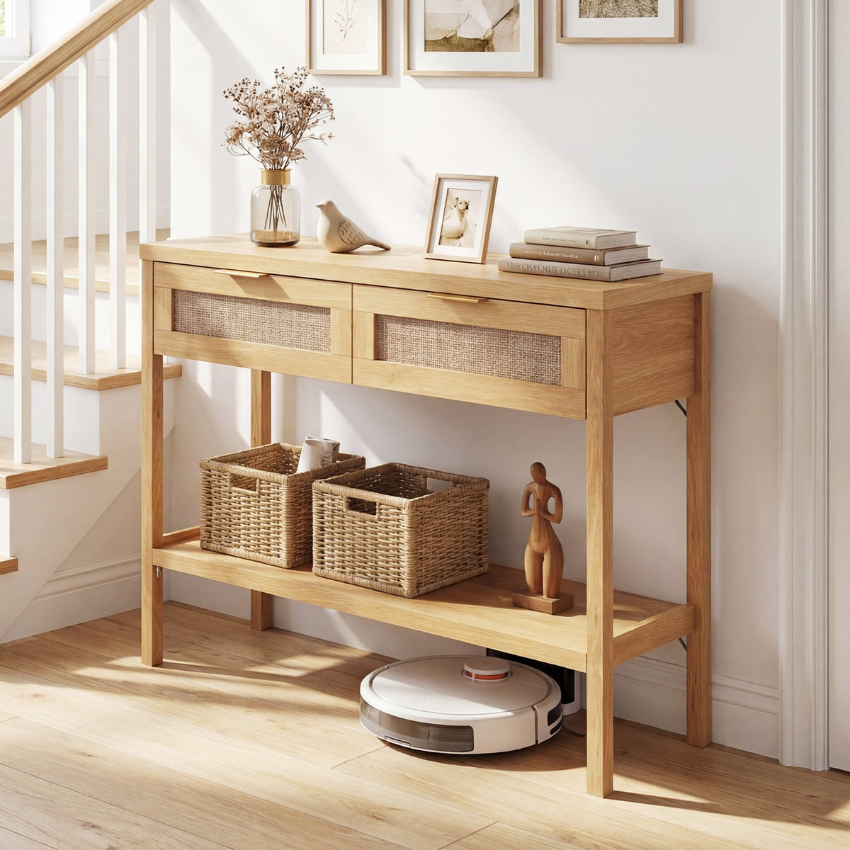Table console en rotin avec tiroirs
