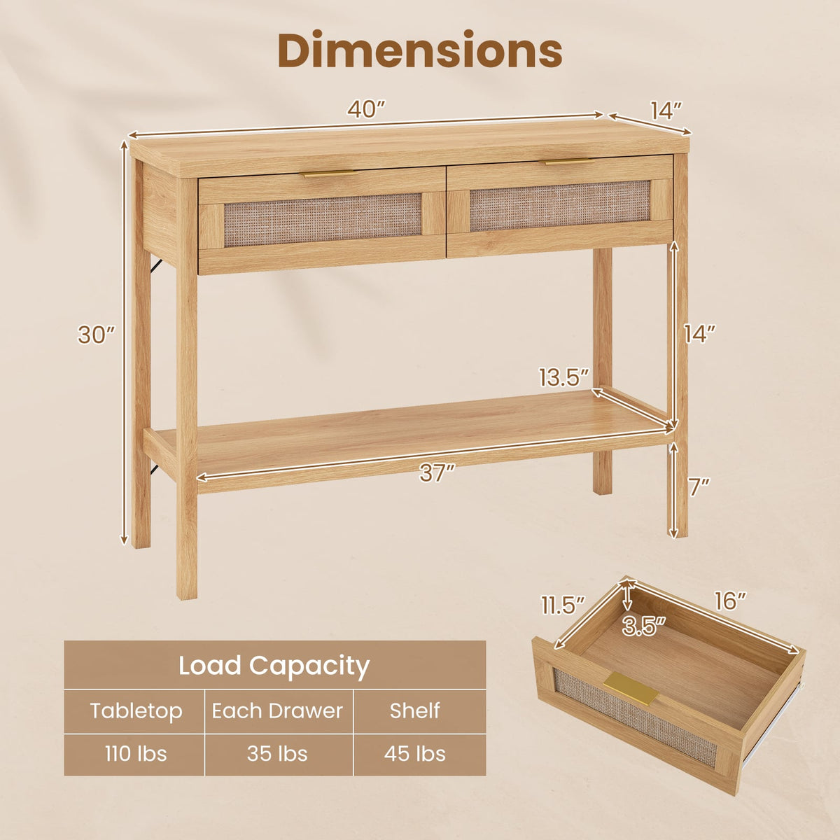 Table console en rotin avec tiroirs
