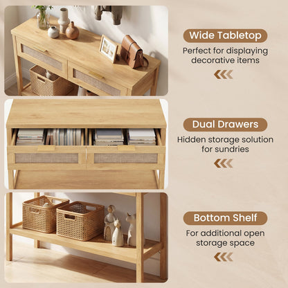 Table console en rotin avec tiroirs