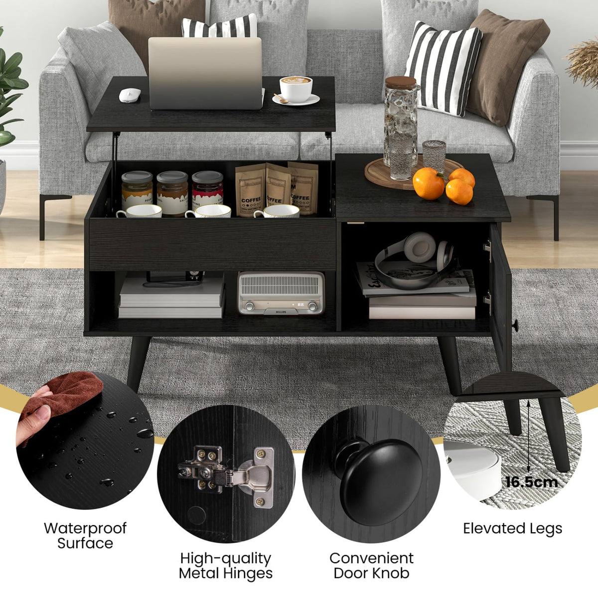 Table basse à plateau relevable avec rangement