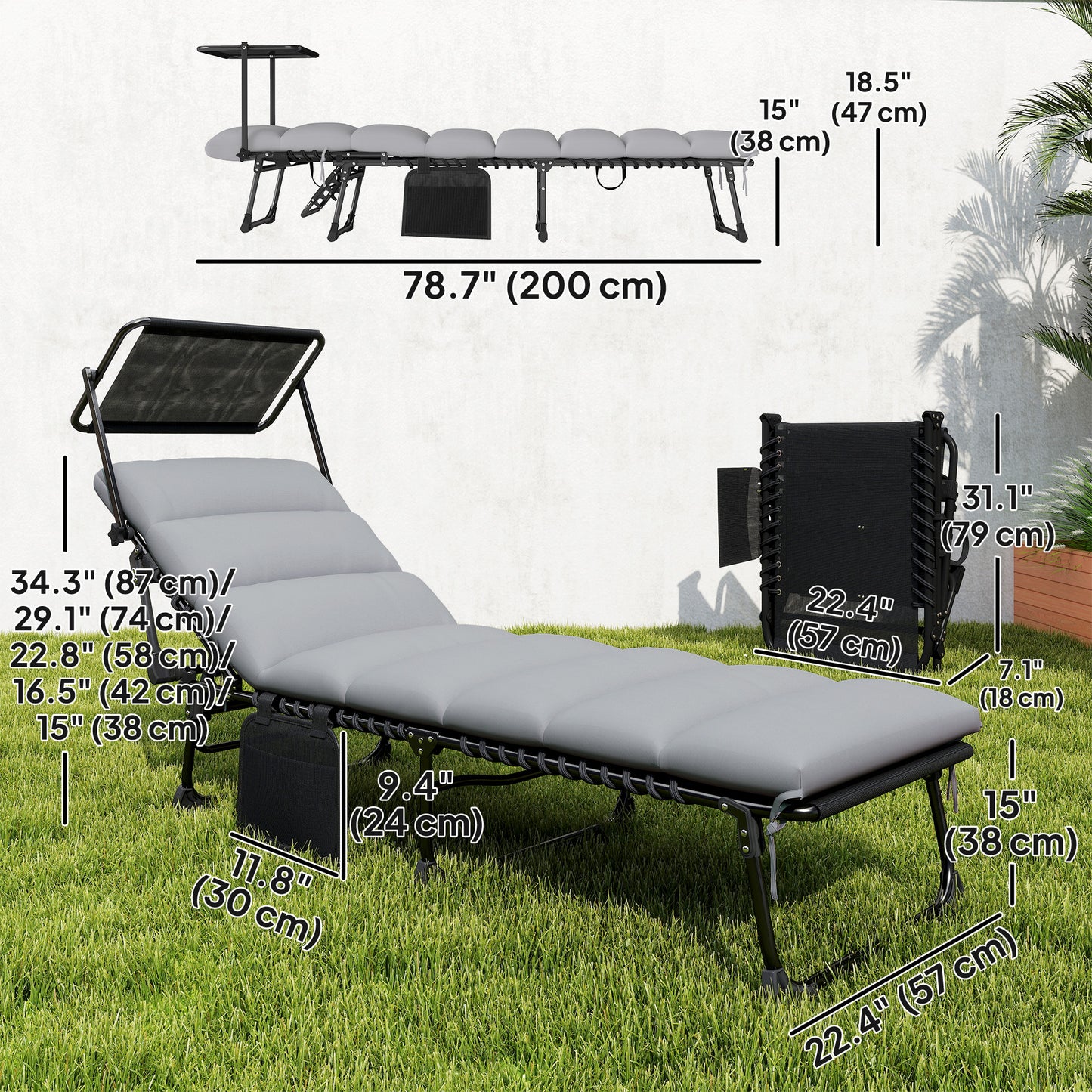 Chaise longue pliante avec auvent 5 positions — ensemble de 2