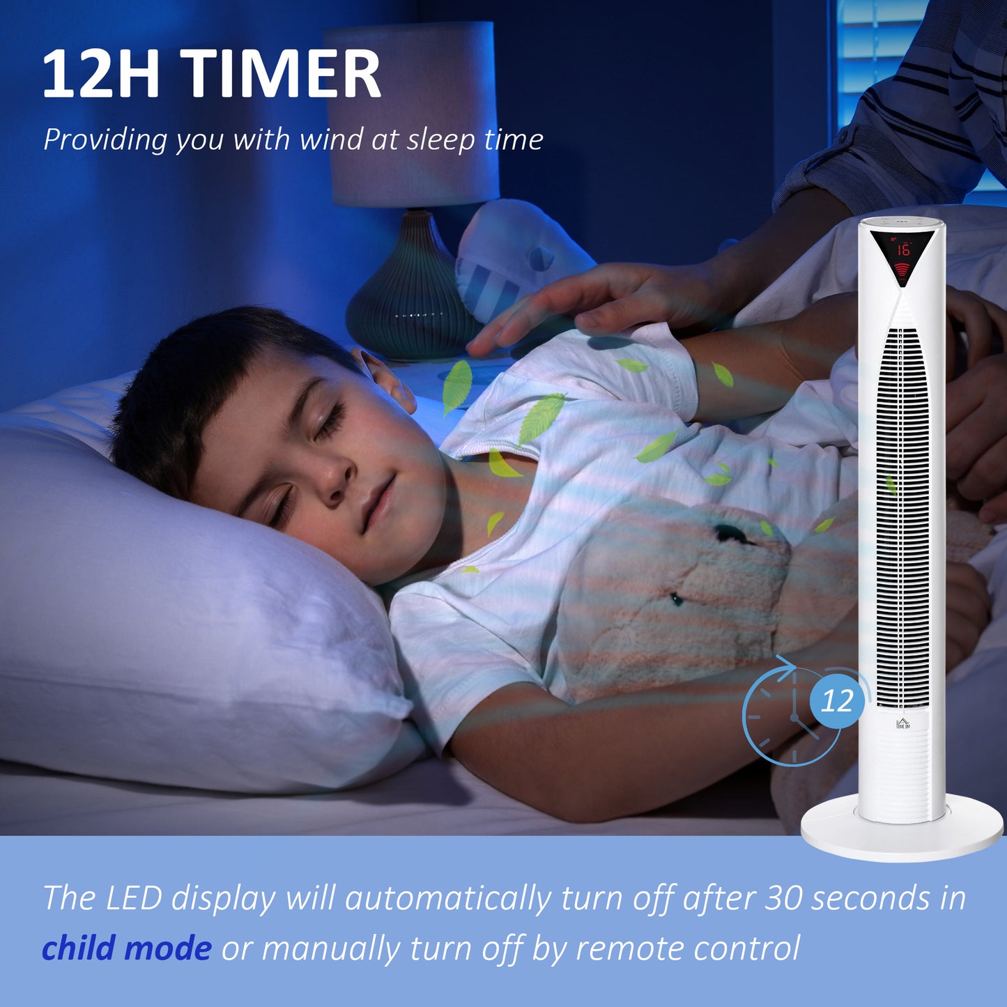 Ventilateur tour oscillant 3 vitesses minuterie 12h télécommande