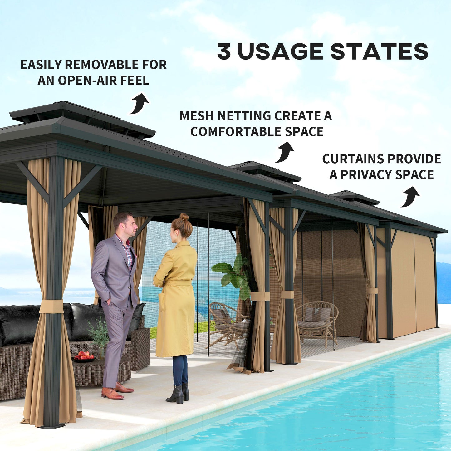 Gazébo toit rigide 3x3,7m double niveau moustiquaire