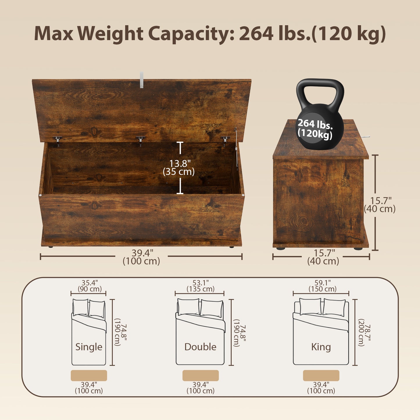 Coffre de rangement à couvercle rabattable avec 2 charnières