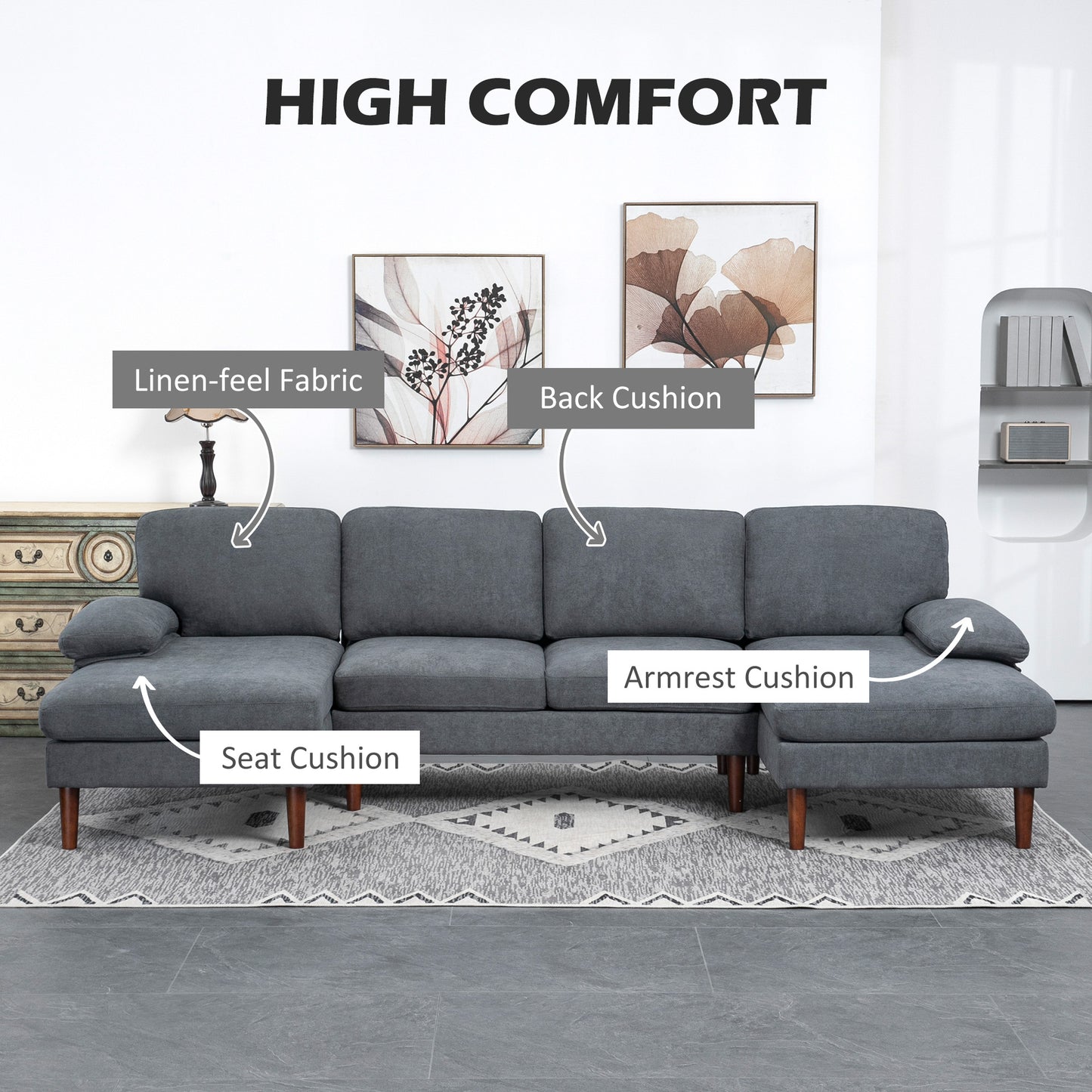Sofa en U double méridienne 4 places — tissu lin