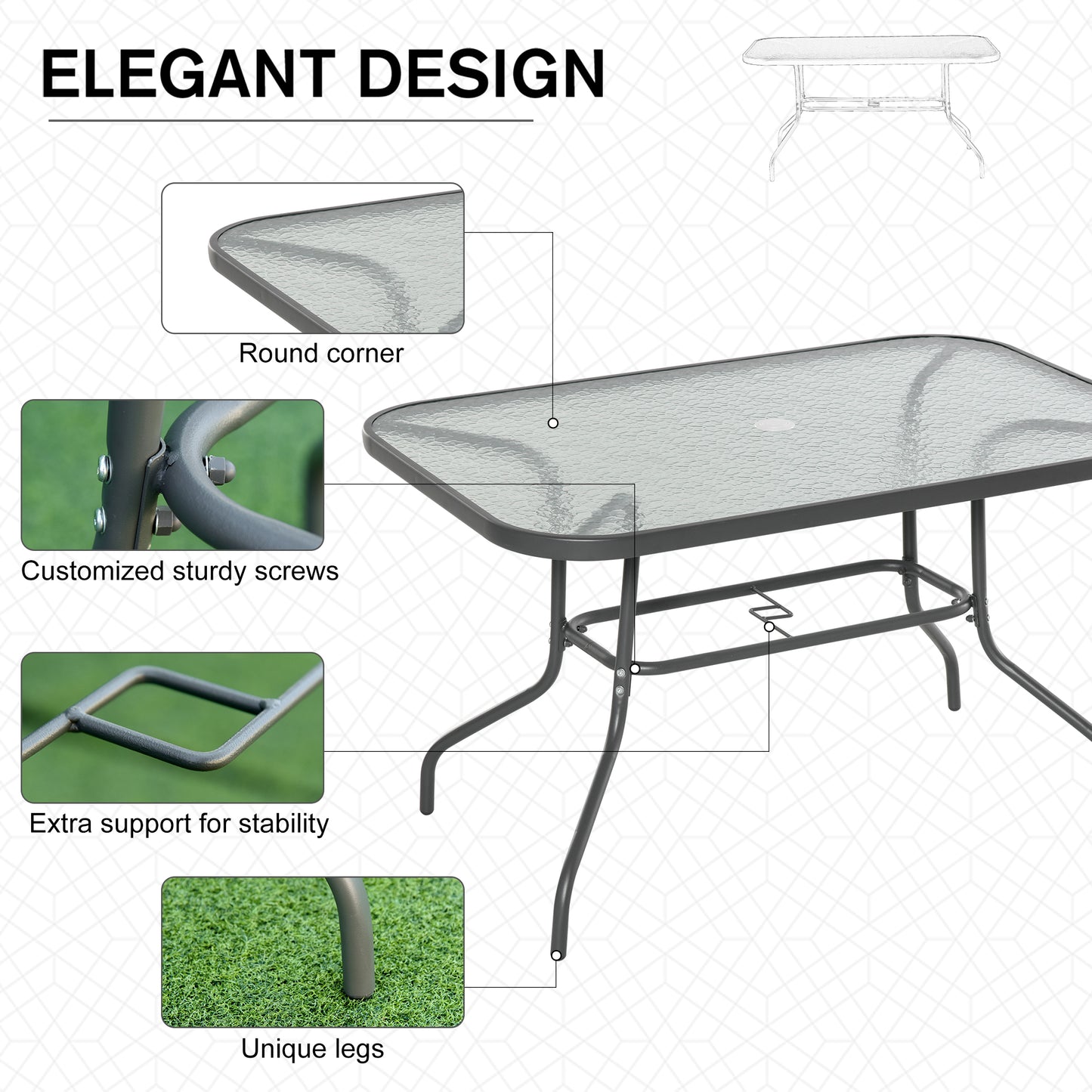 Table de patio en verre trempé avec trou pour parasol