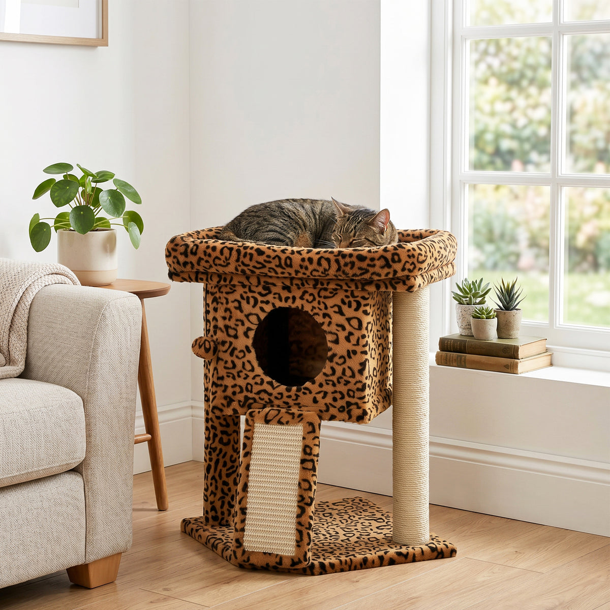 Tour à chat compacte avec perchoir et maison