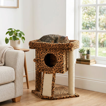 Tour à chat compacte avec perchoir et maison