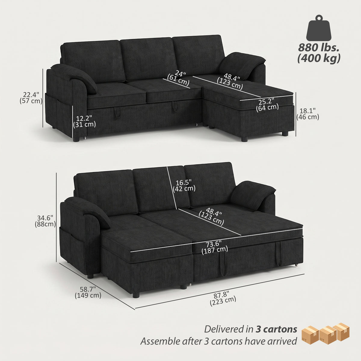 Divan-lit sectionnel réversible avec rangement