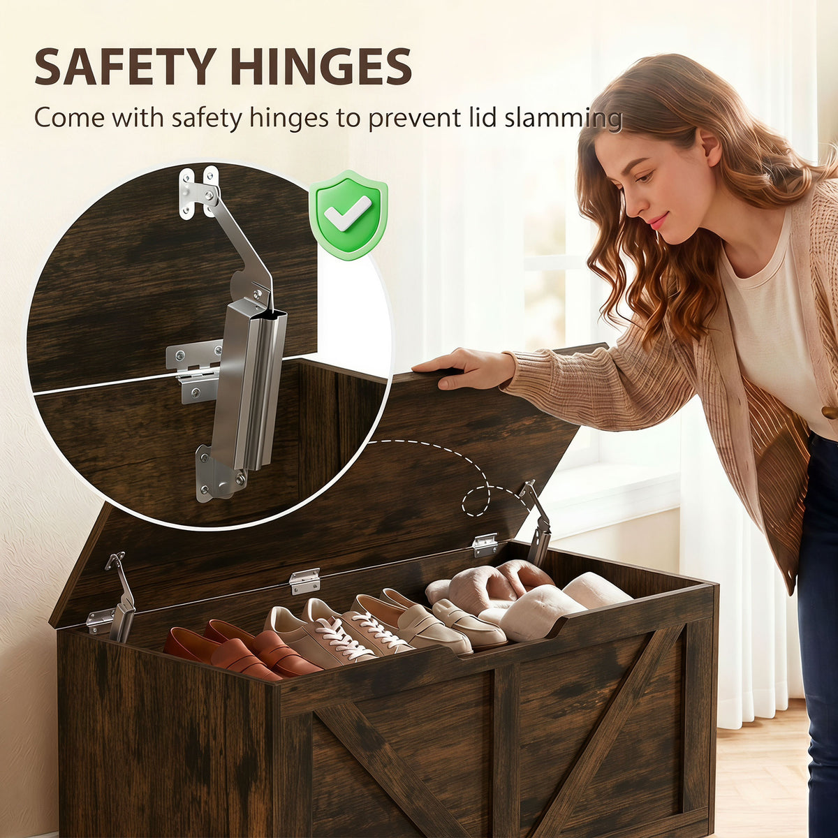 Coffre de rangement rustique à charnières de sécurité 100 cm