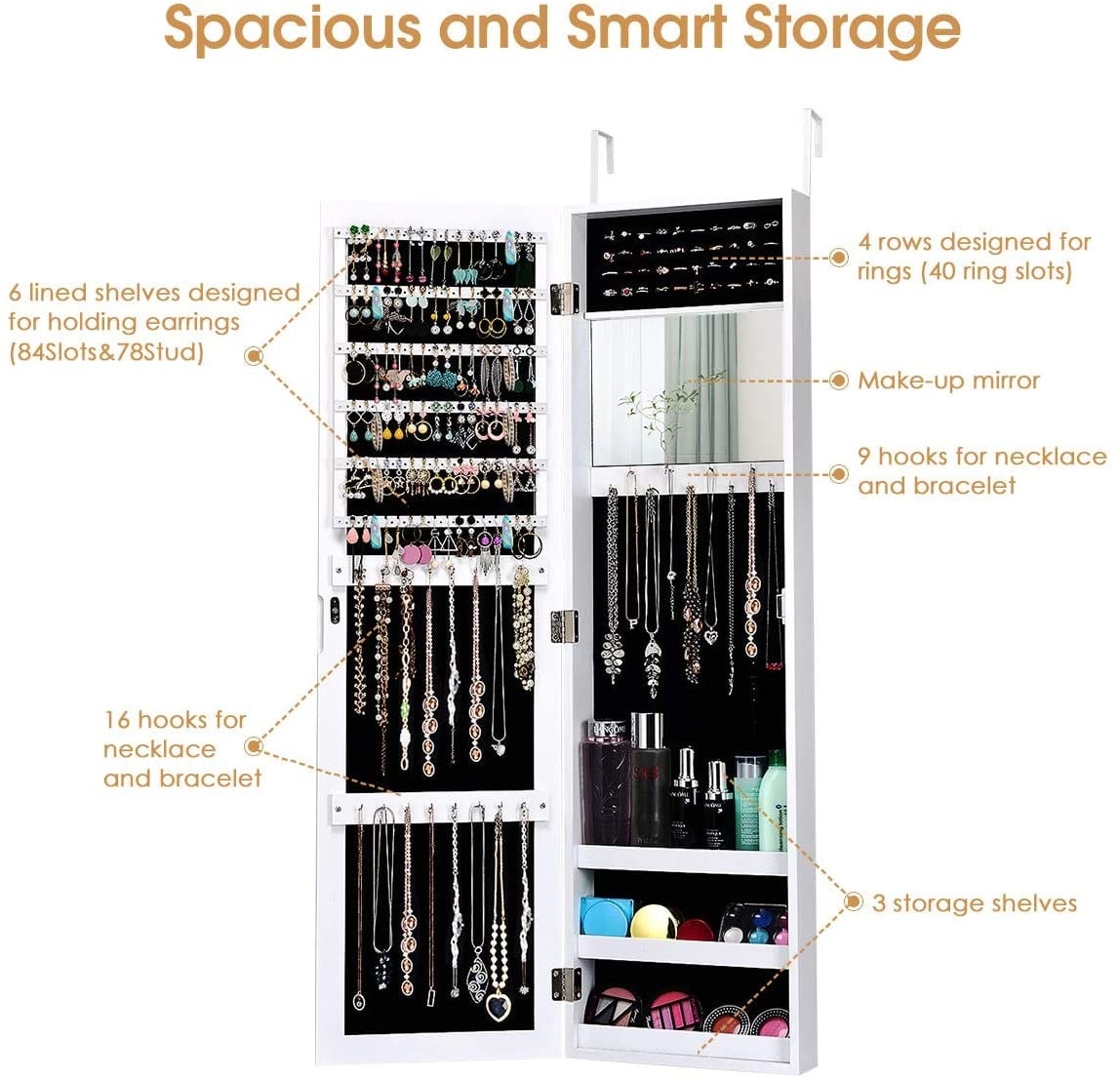 Armoire à bijoux à miroir pour mur ou porte