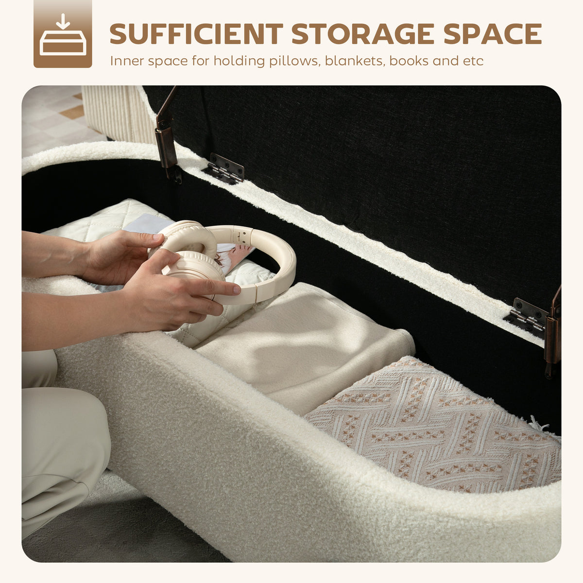 Banc de rangement en molleton sherpa avec pieds en acier