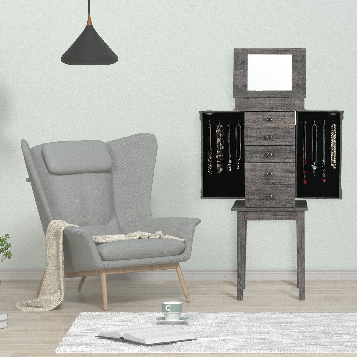 Armoire à bijoux sur pied avec miroir et pattes en bois