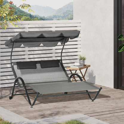 Chaise longue double avec parasol et roulettes