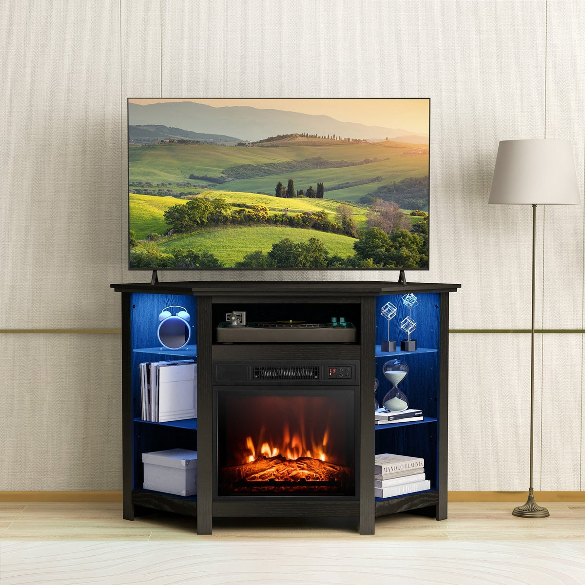 Meuble TV d'angle de 127 cm avec foyer électrique et DEL