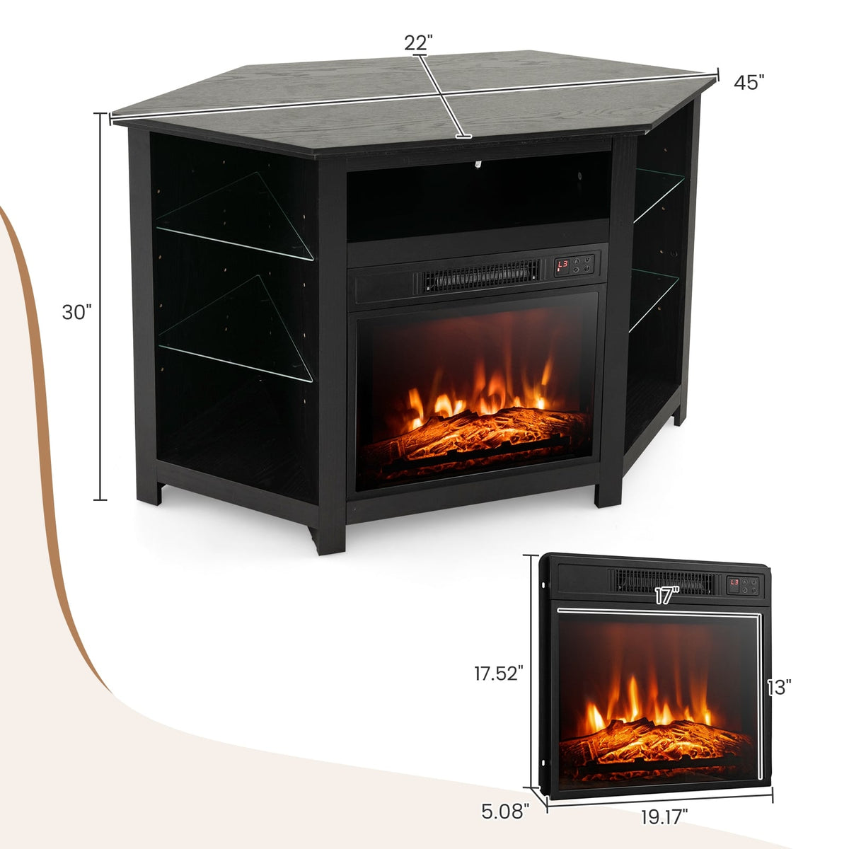 Meuble TV d'angle de 127 cm avec foyer électrique et DEL