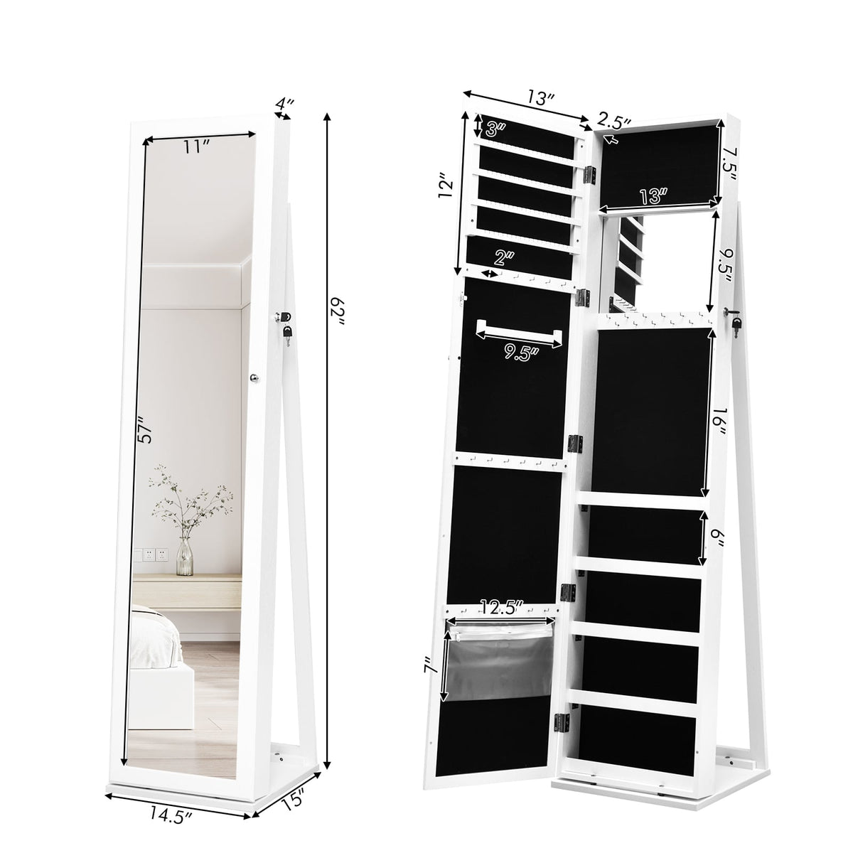 Armoire à bijoux verrouillable sur pied avec miroir pleine longueur