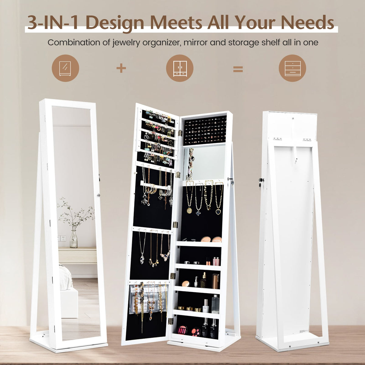 Armoire à bijoux verrouillable sur pied avec miroir pleine longueur