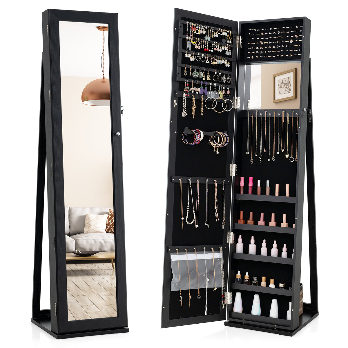 Armoire à bijoux verrouillable sur pied avec miroir pleine longueur