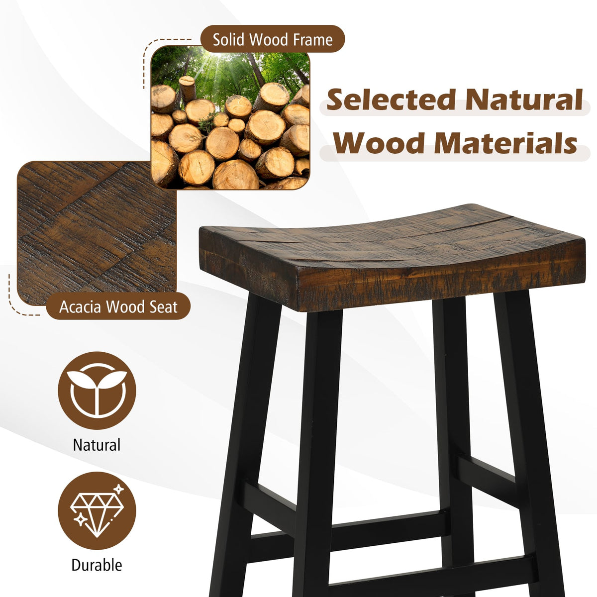Tabouret de bar en bois massif 74 cm — Lot de 2