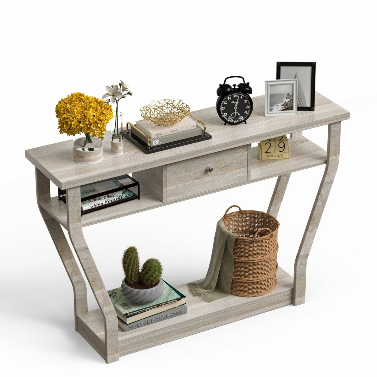Table console moderne avec tiroir et tablettes