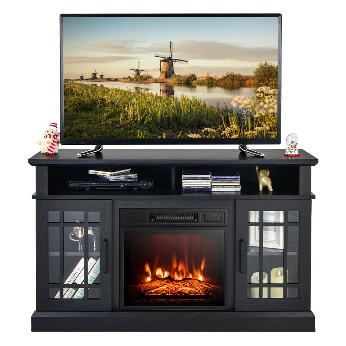 Meuble TV avec foyer électrique et armoires