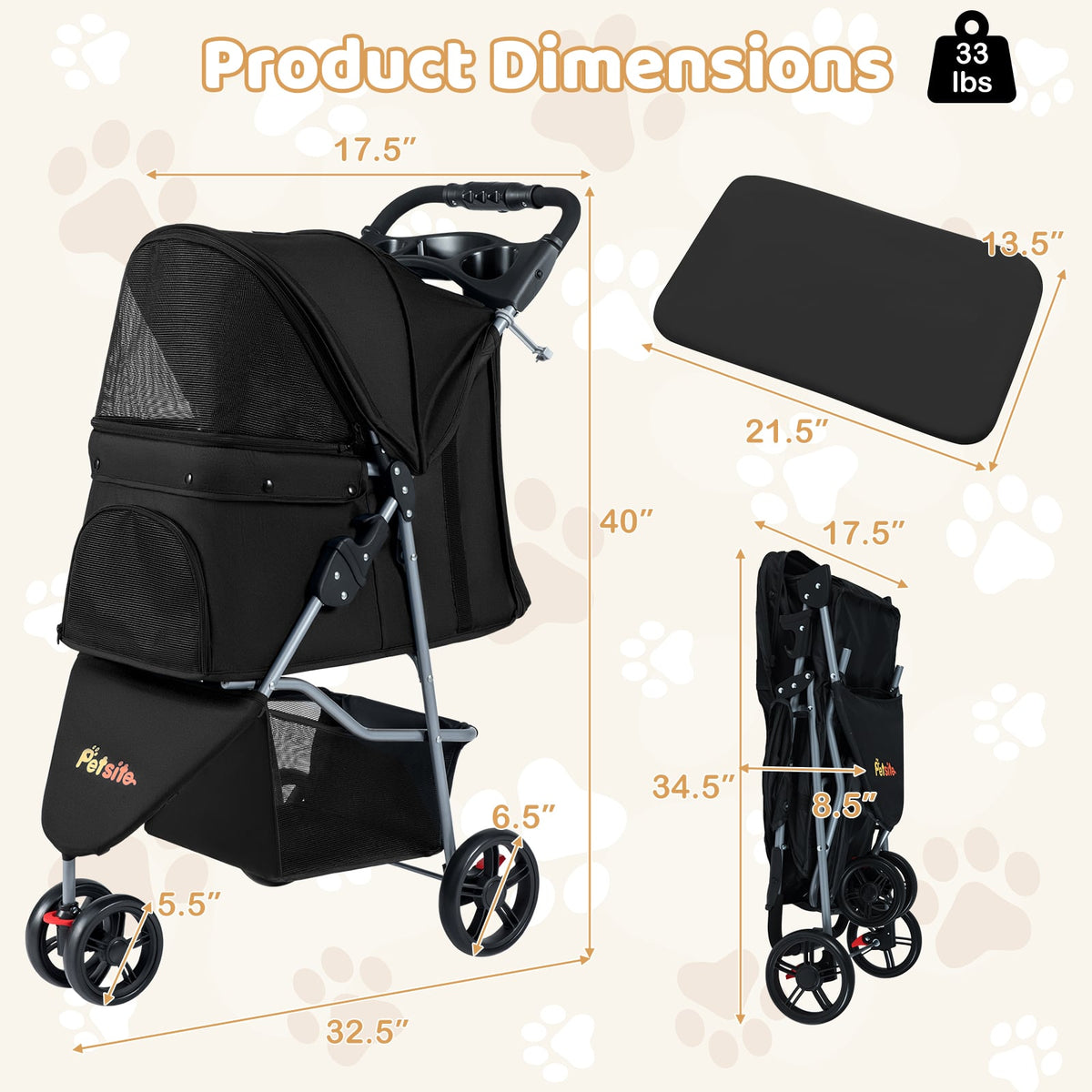 Poussette pour animaux pliable légère avec capote réglable
