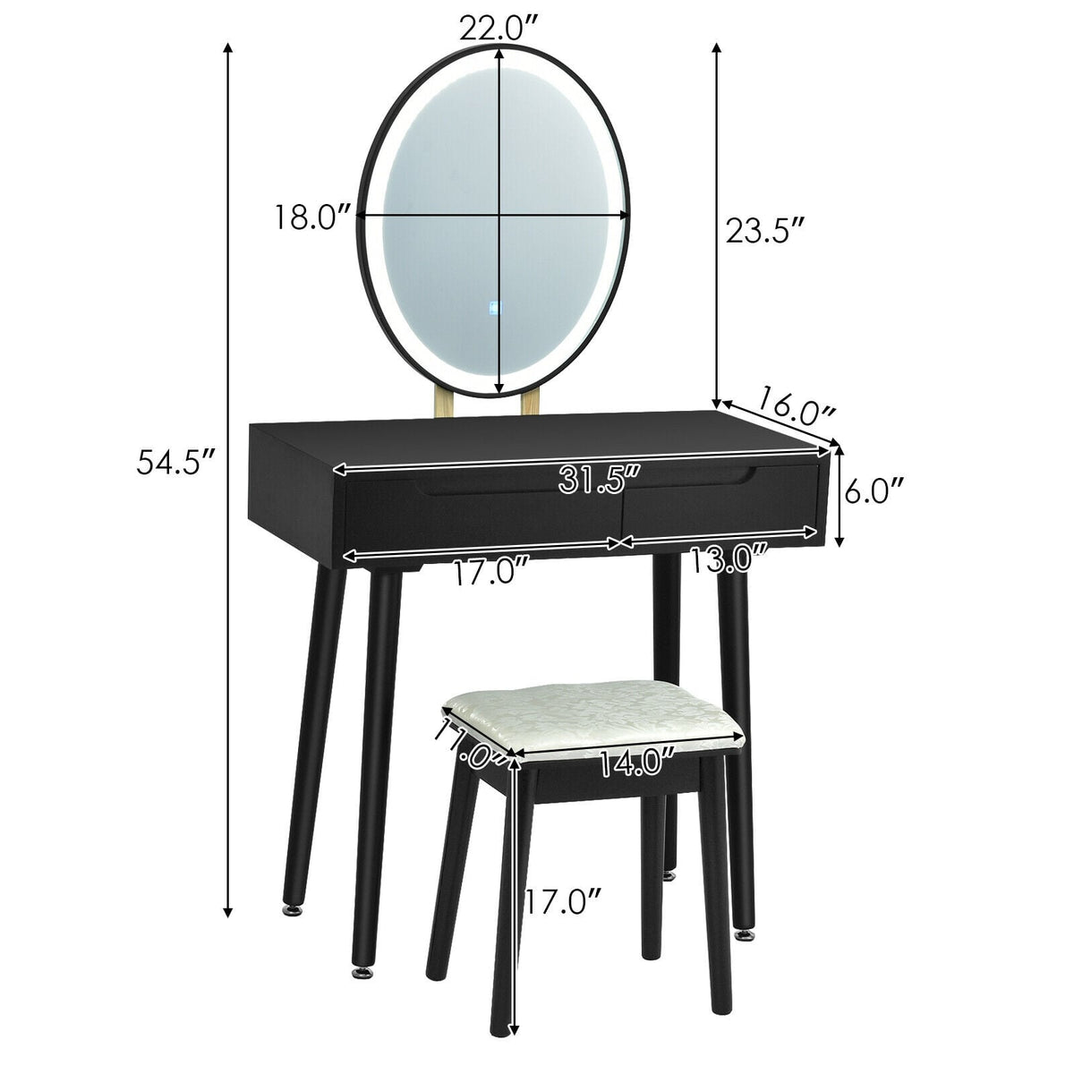 Coiffeuse avec miroir à écran tactile DEL et tabouret