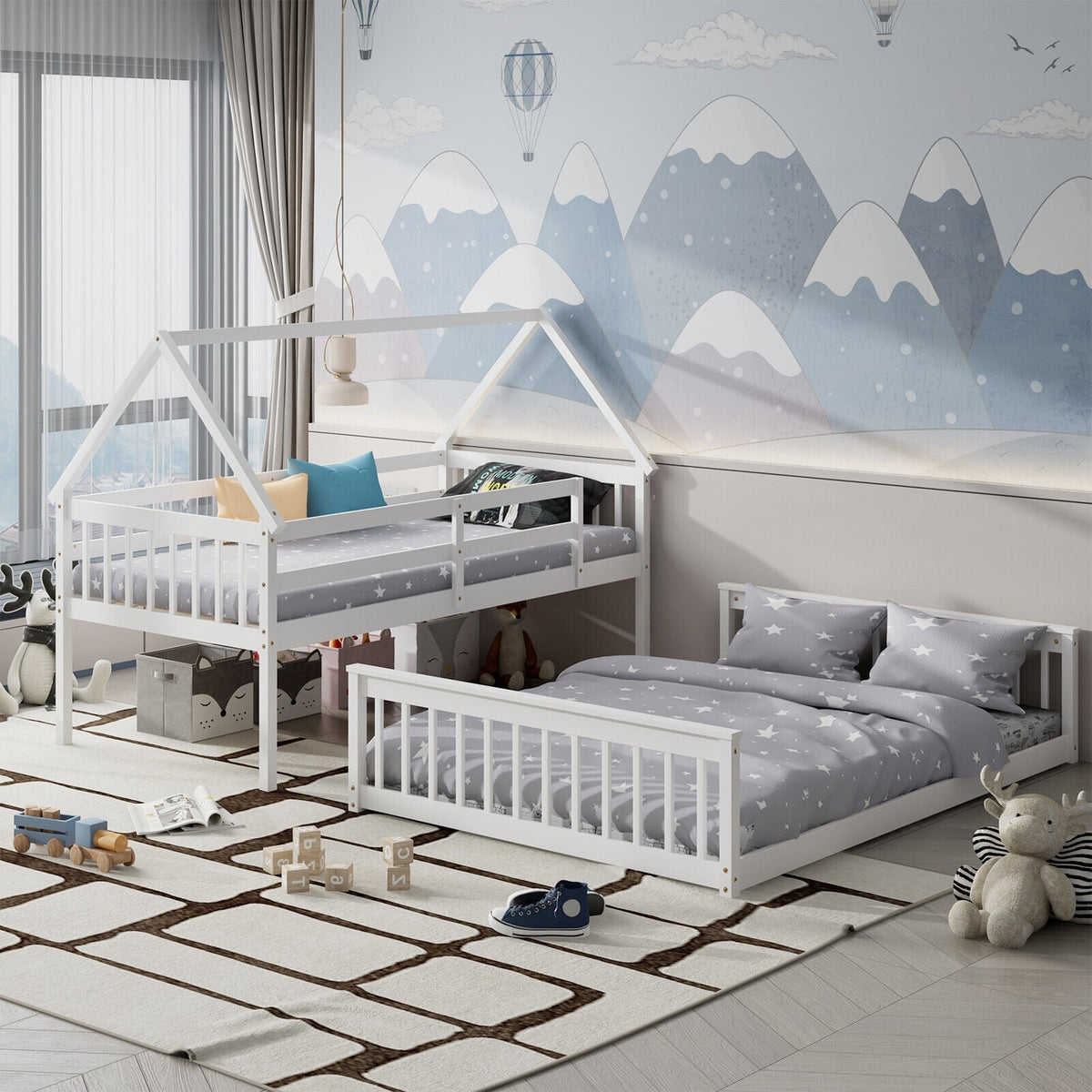 Lit superposé cabane double et simple en bois — Lot de 2