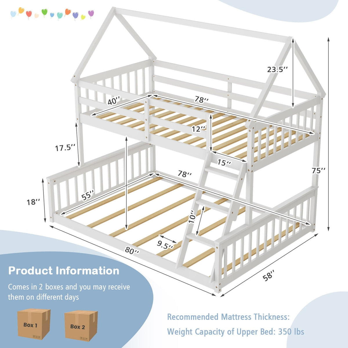 Lit superposé cabane double et simple en bois — Lot de 2