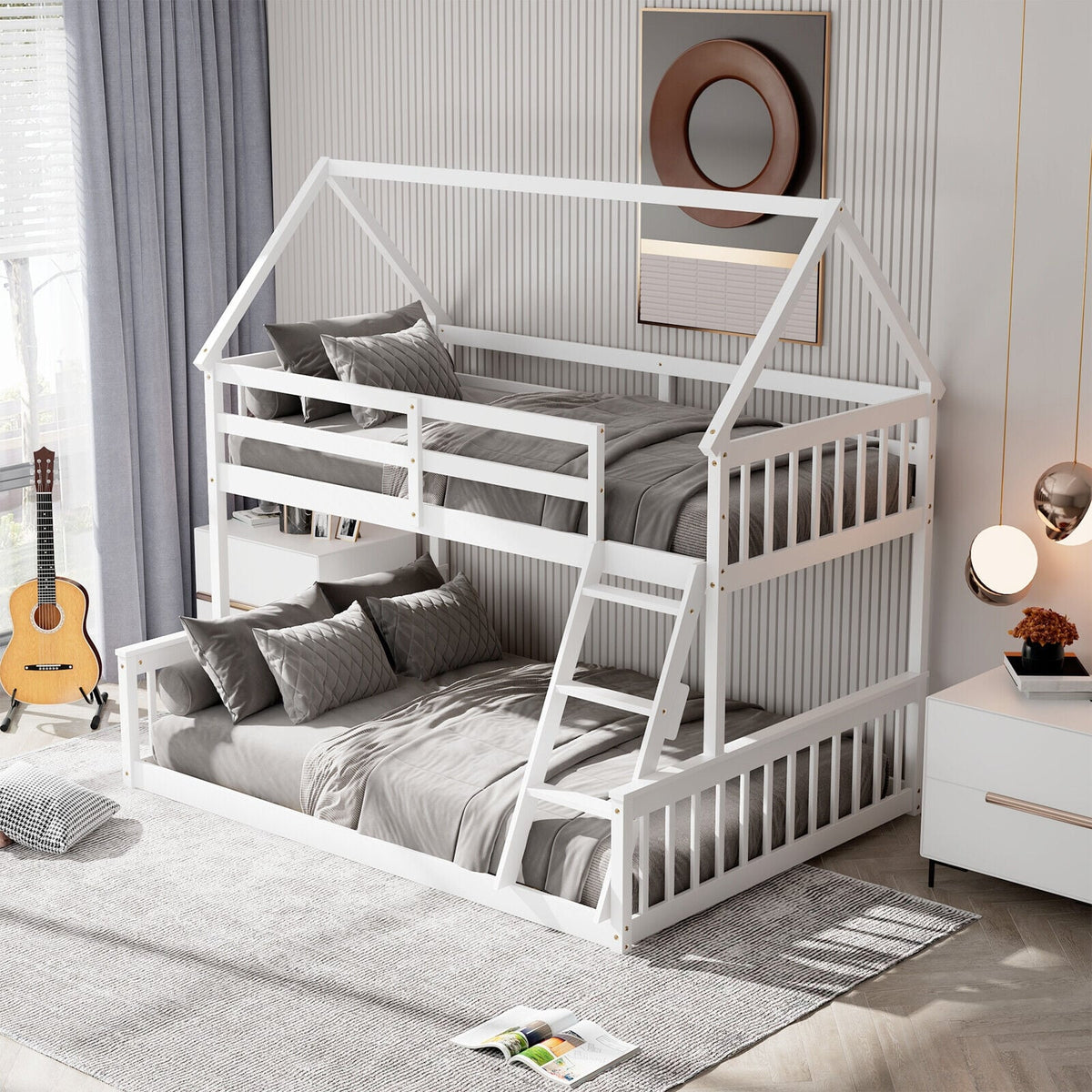 Lit superposé cabane double et simple en bois — Lot de 2
