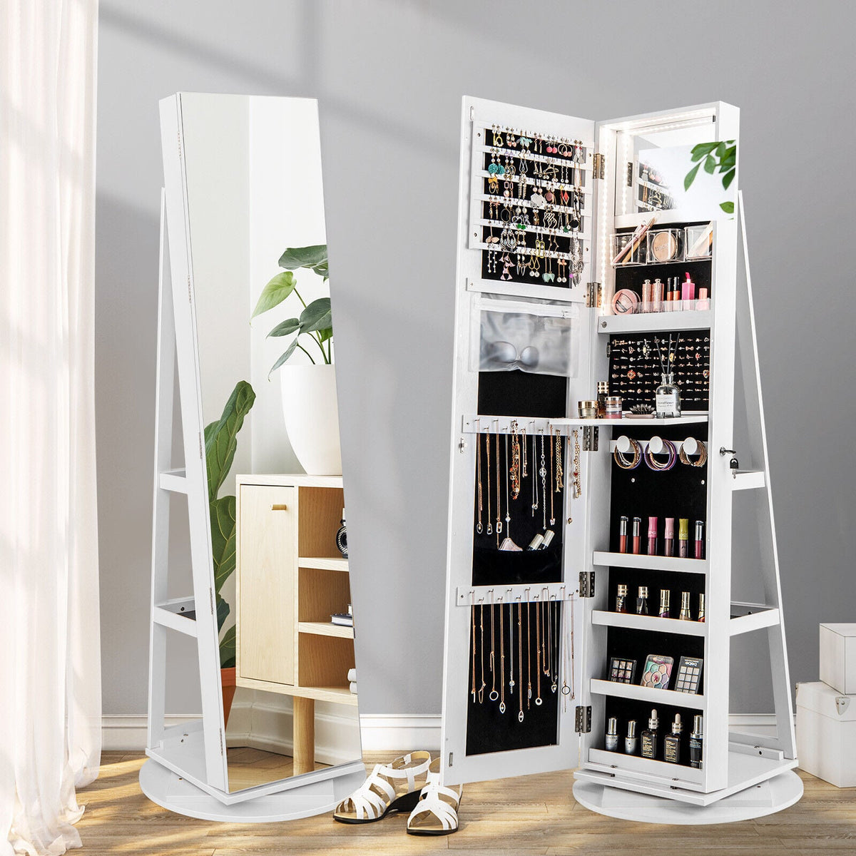 Armoire à bijoux pivotante 360° avec miroir et DEL 3 couleurs