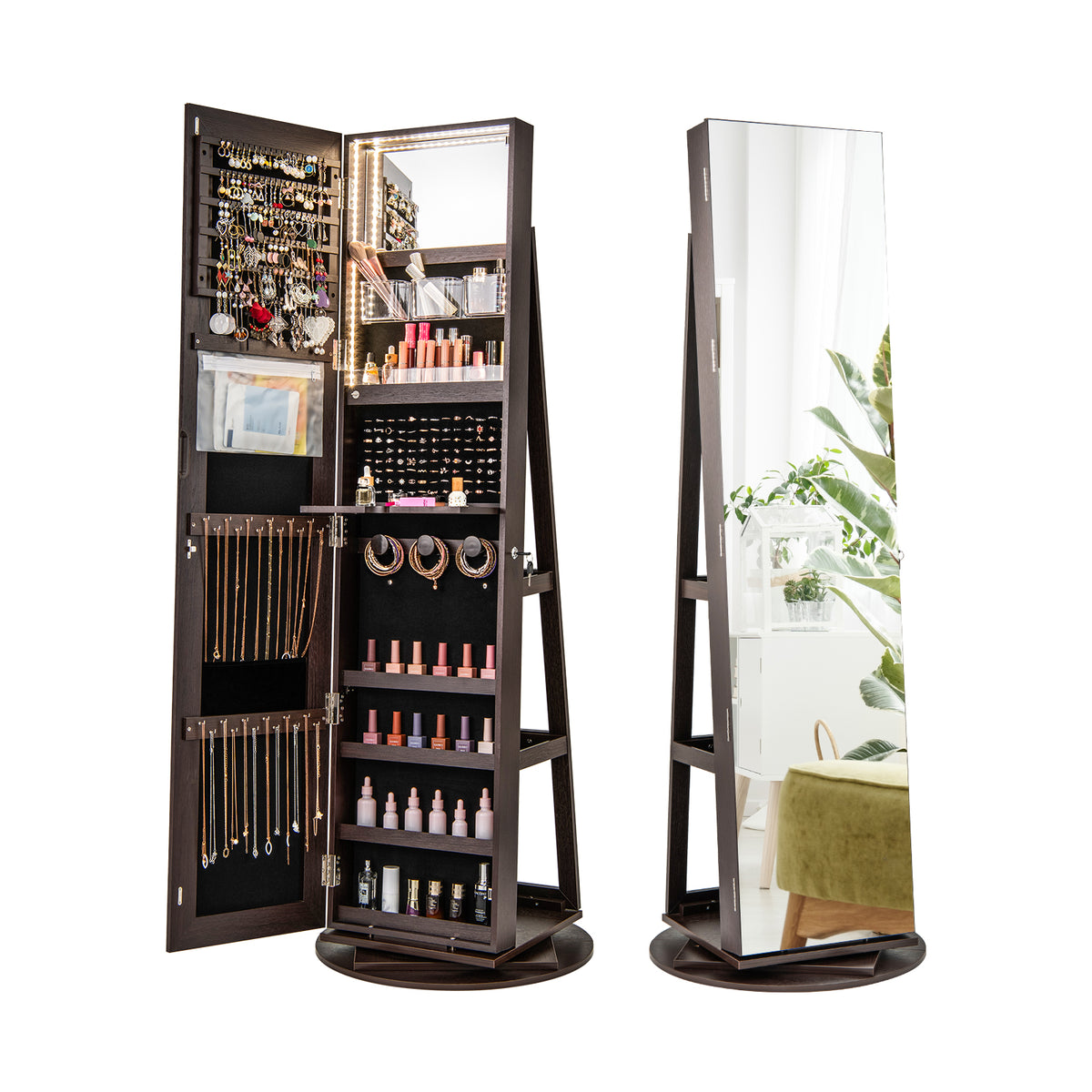Armoire à bijoux pivotante 360° avec miroir et DEL 3 couleurs