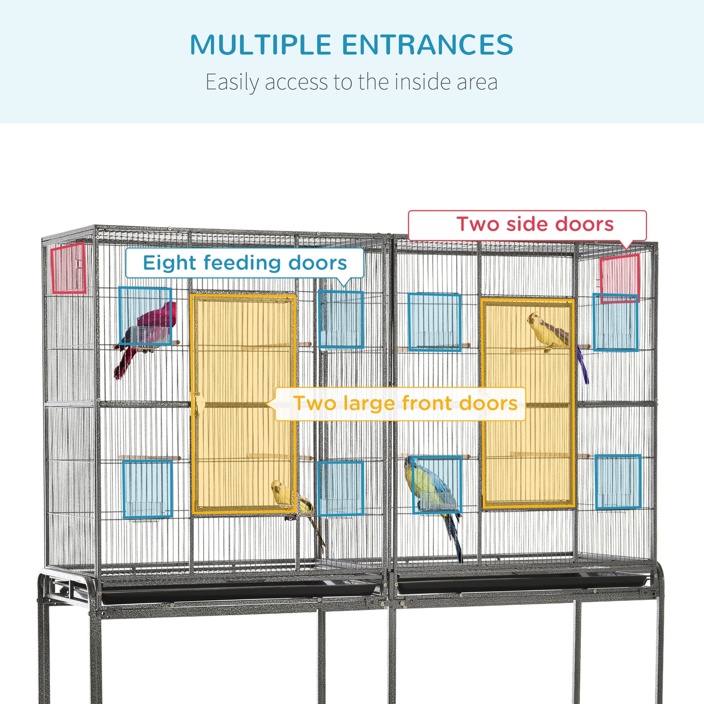 Grande cage à oiseaux sur roulettes avec perchoirs
