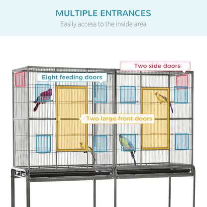 Grande cage à oiseaux sur roulettes avec perchoirs