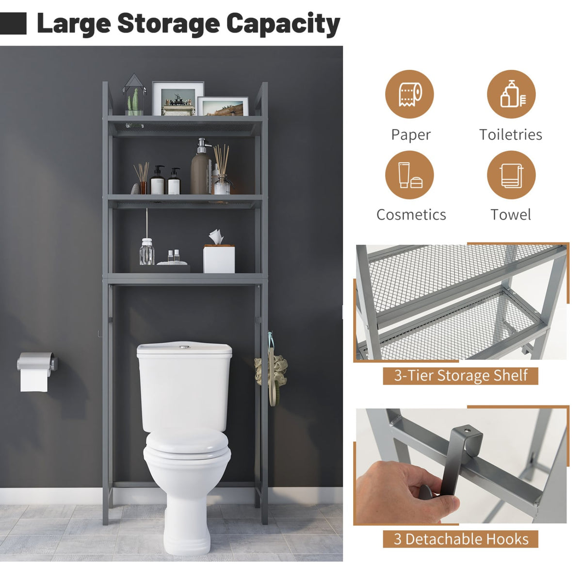 Étagère de rangement autoportante pour salle de bain métallique