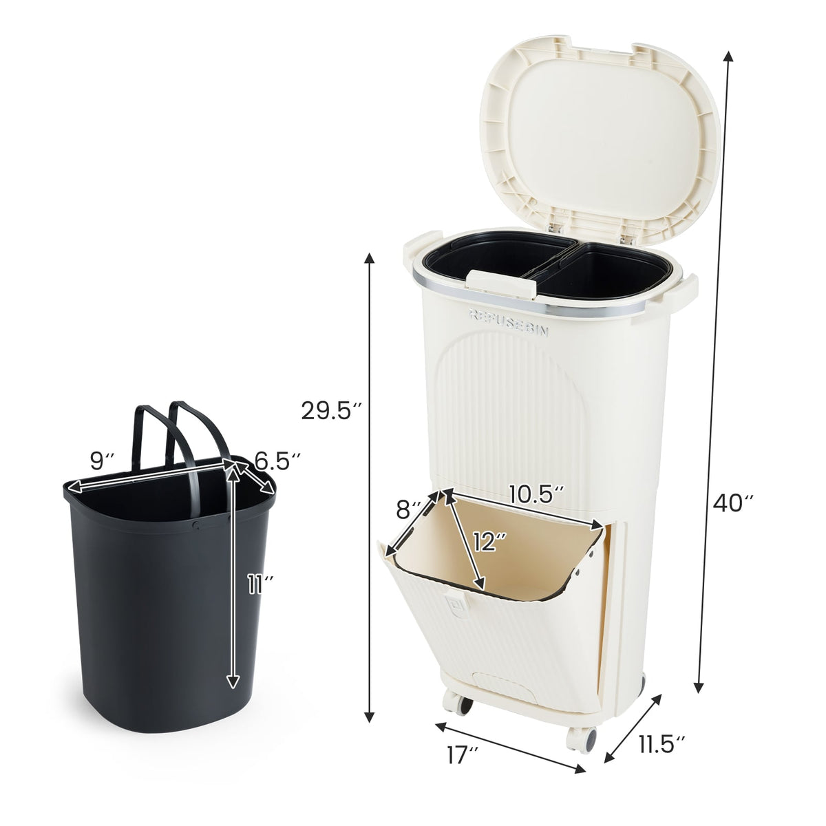 Poubelle de cuisine double 38 L avec couvercle et roulettes