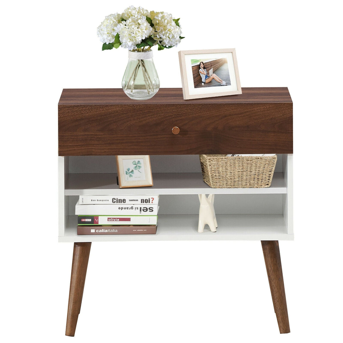 Table de chevet style mid-century avec tiroir