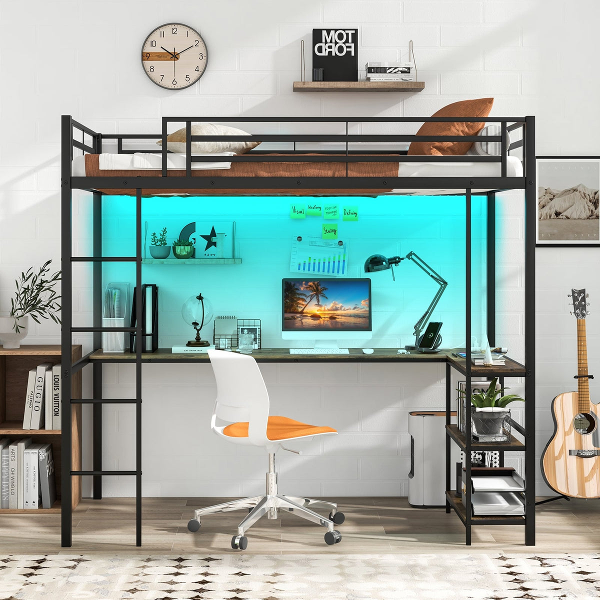Lit mezzanine une place avec bureau et étagères LED
